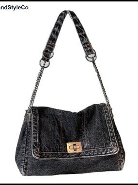 Denim Washed Canvas Shoulder Bag Chain Strap Crossbody Hobo Tote